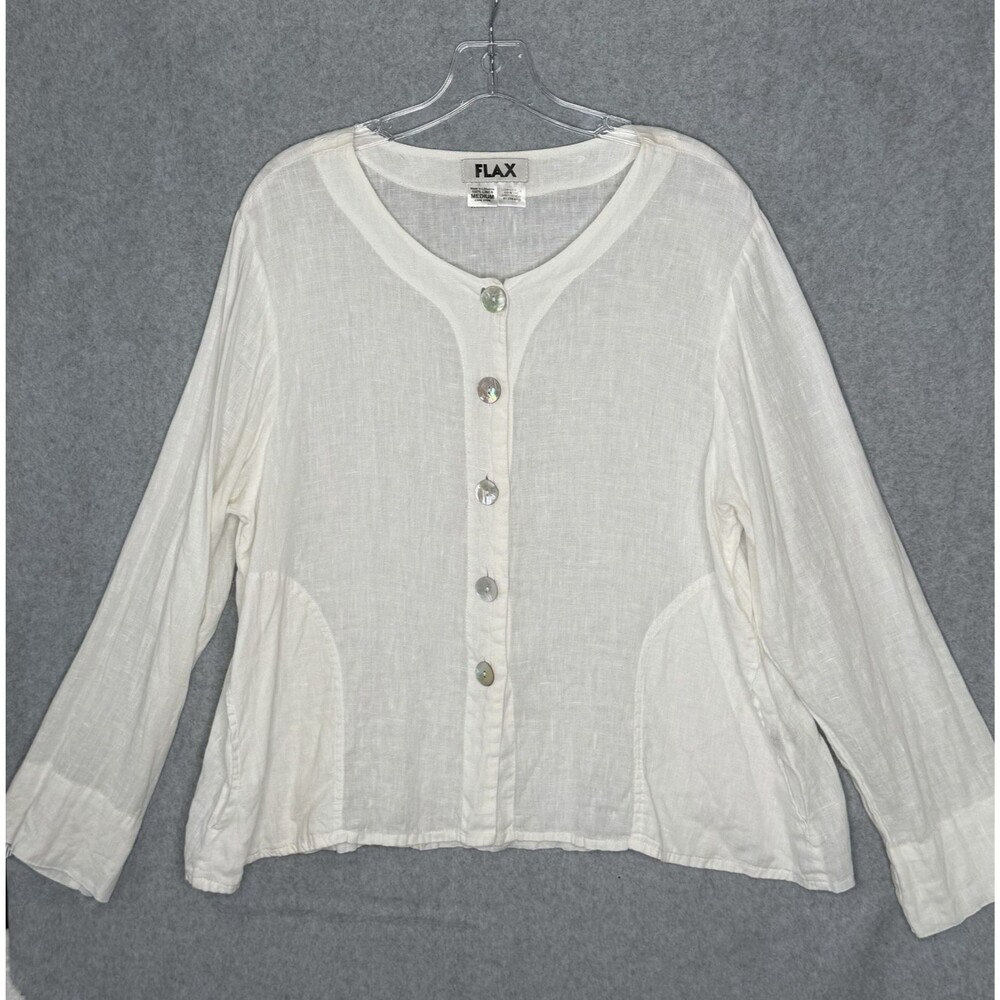 FLAX Women's M Linen Long Sleeve Button Down Top White Jacket Lagenlook